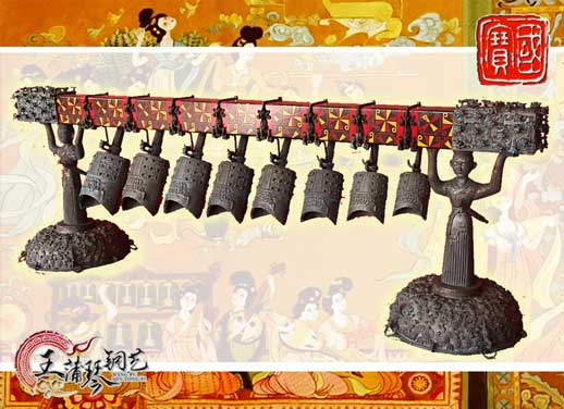 8件古編鐘，銅人銅座裝飾，可發(fā)音